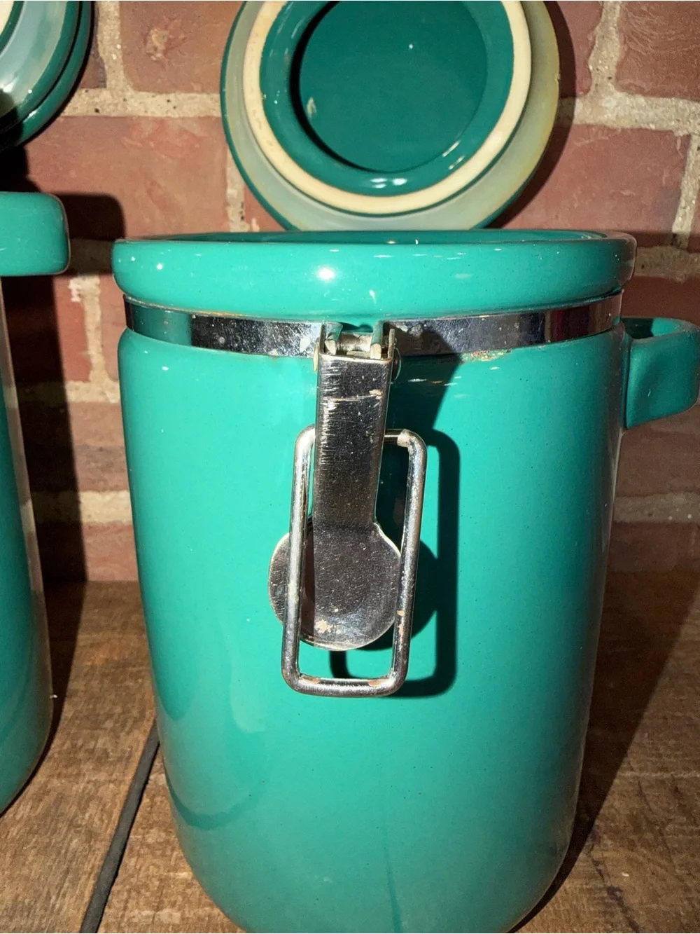 Teal Green Ceramic Airtight Canister Set with Wooden Spoons Cookware